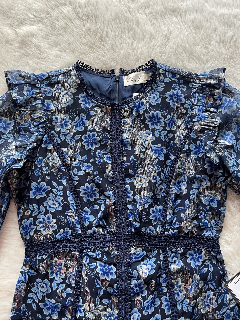 NWT Eliza J. Navy Blue & Silver Floral Ruffled Long Puff Sleeve Dress - Picture 5 of 16